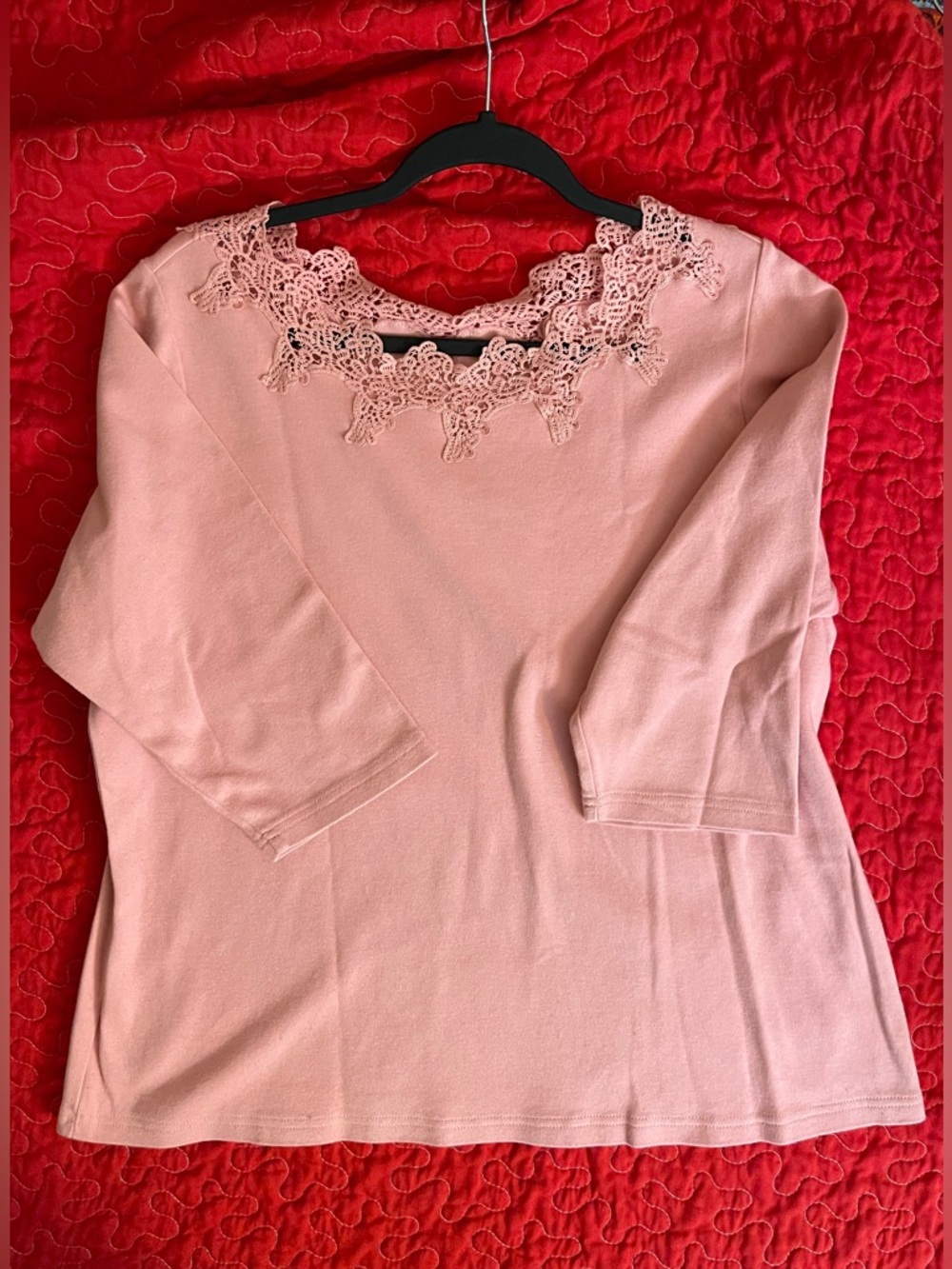 Liz Claiborne 1X Pink Lace-Trim 3/4 Sleeve T-shirt